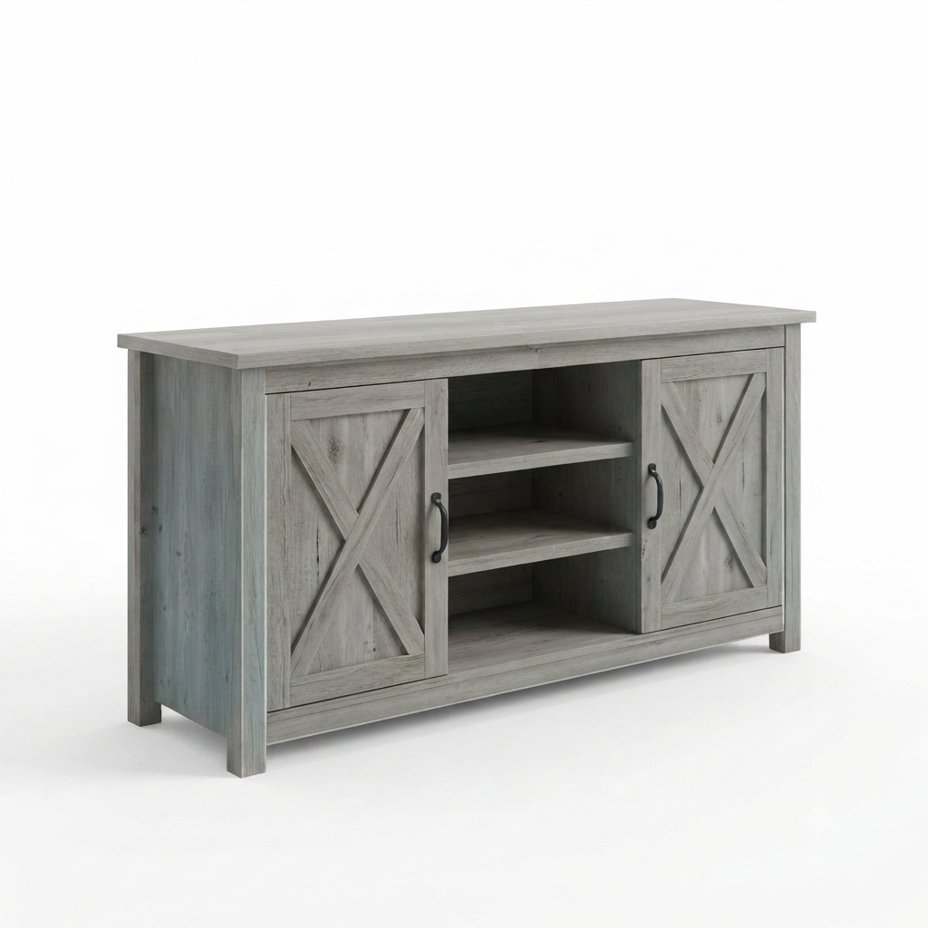 MMK FURNISHINGS Modern Farmhouse TV Stand with X-Frame Cabinet Doors, Weathered Grey Wood Entertainment Center