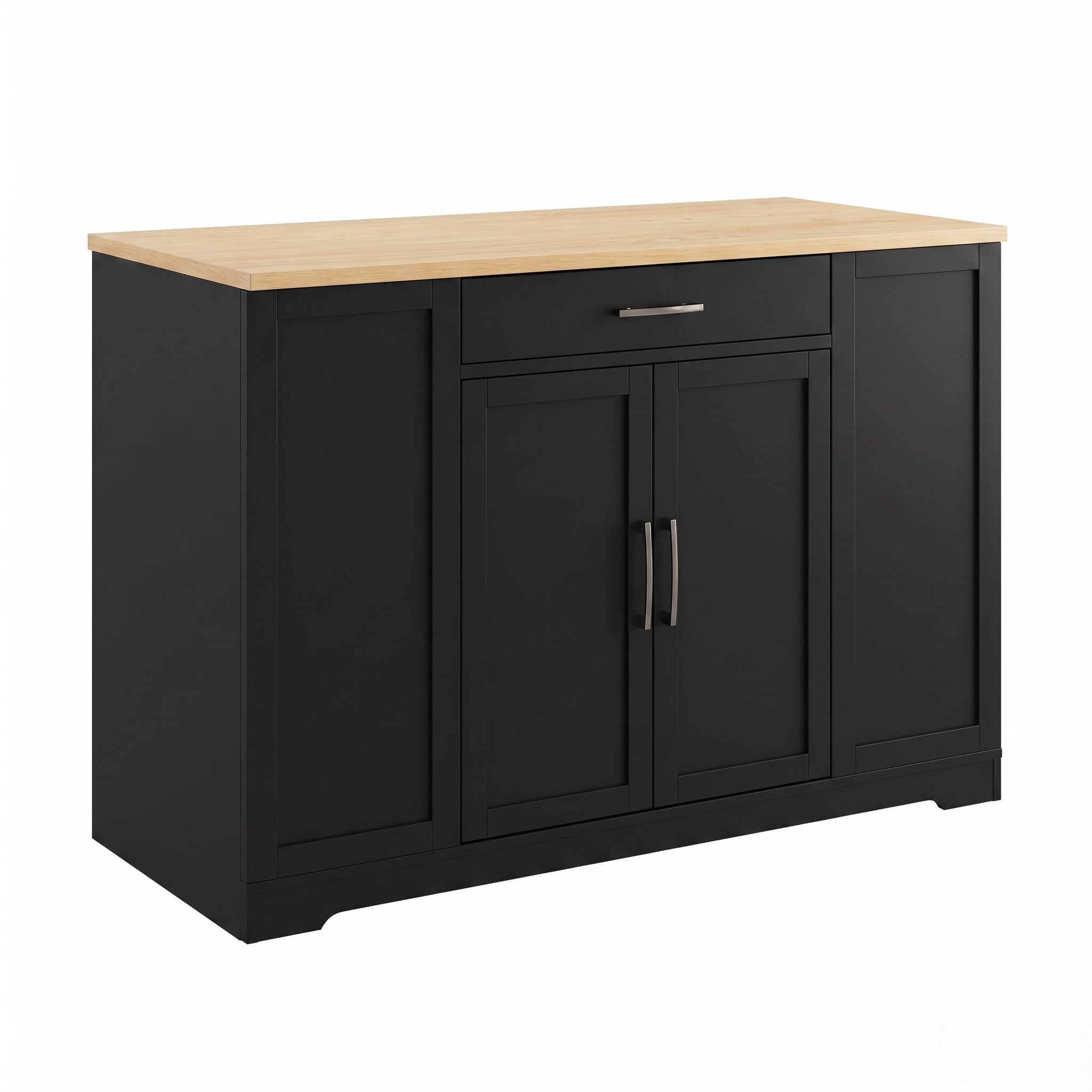 Black Sideboard Buffet Cabinet with Natural Wood-Grain Top and Silver Handles