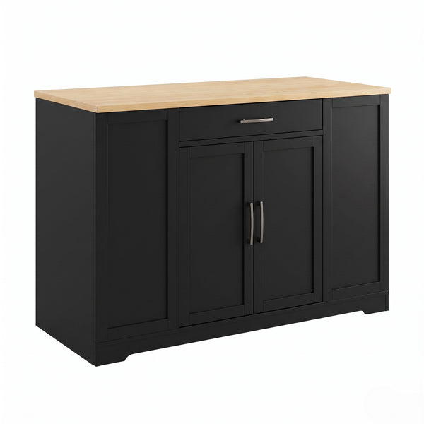 Black Sideboard Buffet Cabinet with Natural Wood-Grain Top and Silver Handles