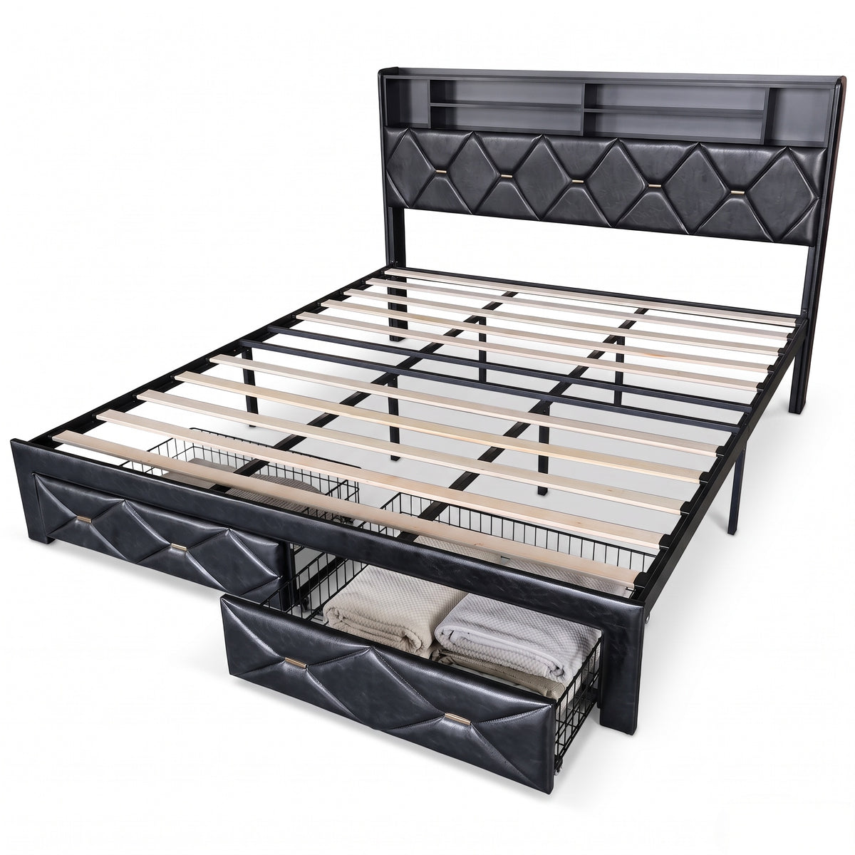MMK FURNISHINGS Modern Diamond-Tufted PU Leather Platform Bed Frame with Storage Headboard & Under-Bed Drawers
