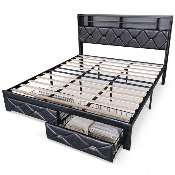 MMK FURNISHINGS Modern Diamond-Tufted PU Leather Platform Bed Frame with Storage Headboard & Under-Bed Drawers