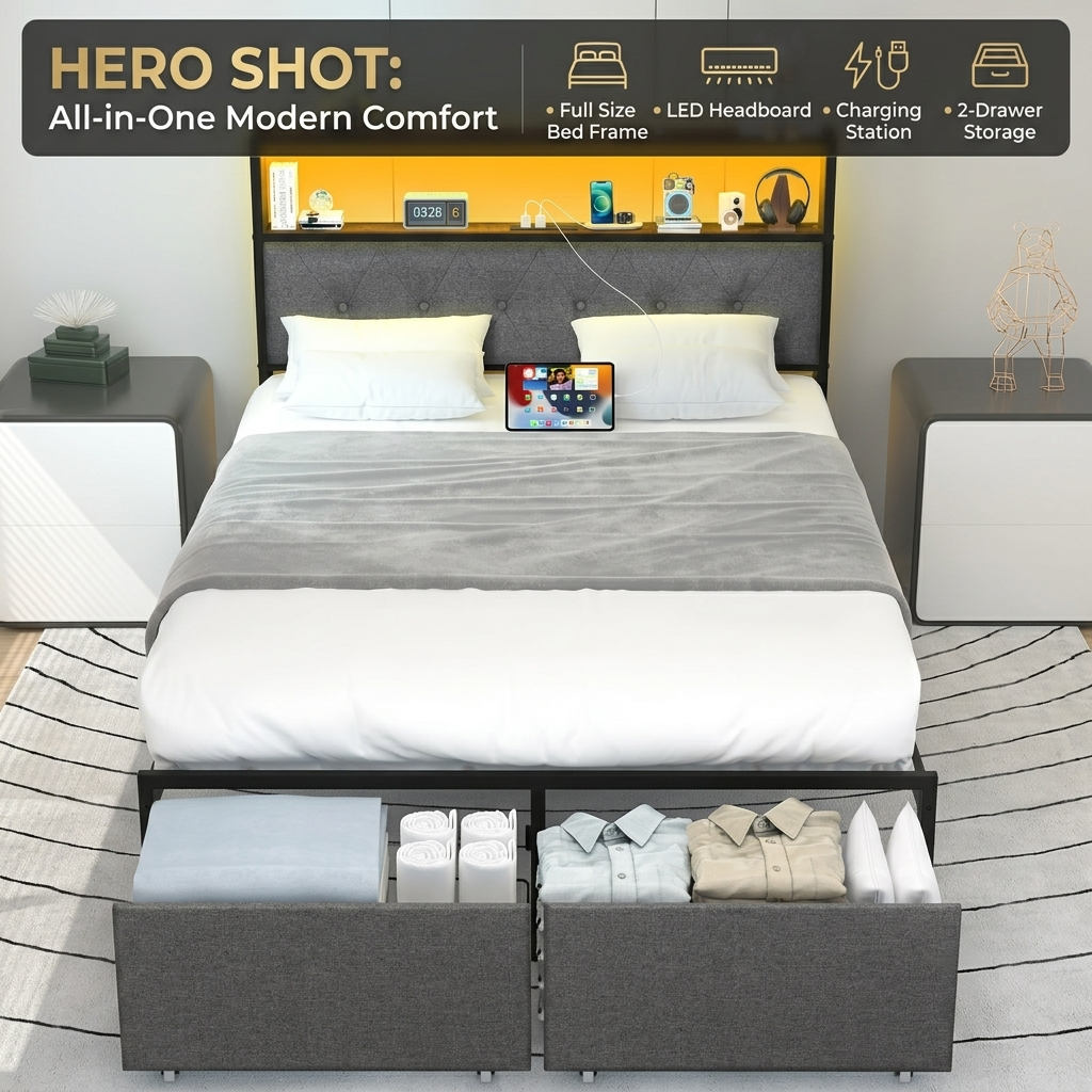 Full Size Upholstered Platform Bed Frame with LED Lights, Storage Headboard & Charging Station