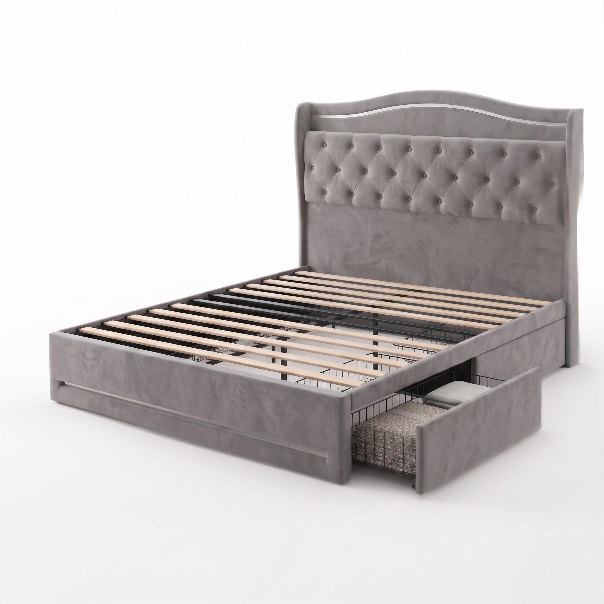 Luxury Tufted Velvet Upholstered Platform Bed Frame with Storage Drawer - Grey