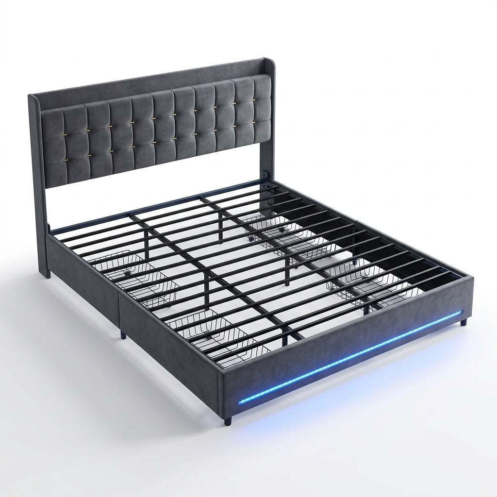 MMK FURNISHINGS Modern Velvet Upholstered Platform Bed Frame with Smart RGB LED Lights & 4 Storage Drawers, Heavy-Duty Steel Slat Support, No Box Spring Needed Main image