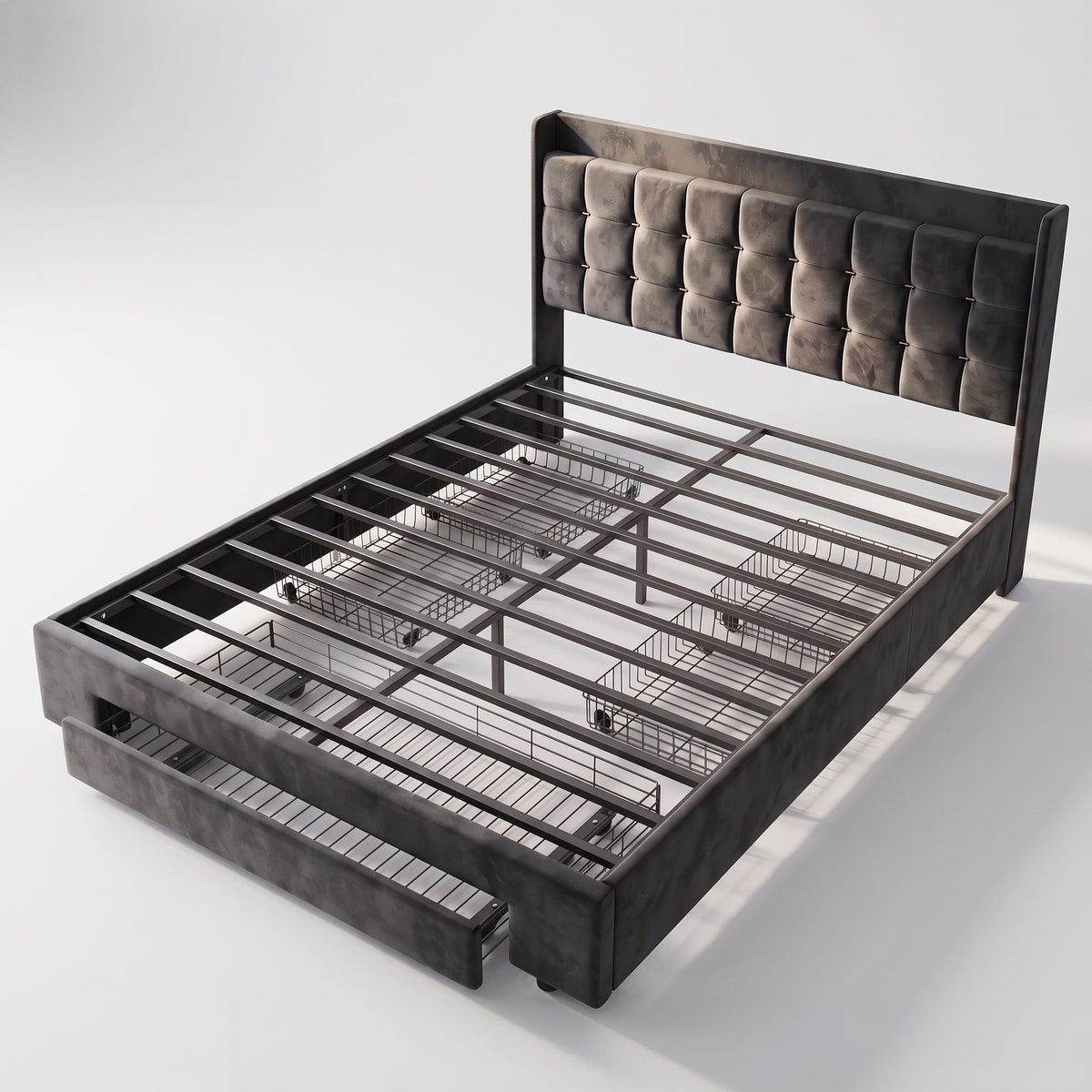 MMK FURNISHINGS Queen Velvet Platform Bed Frame – 4 Under-Bed Drawers Main image