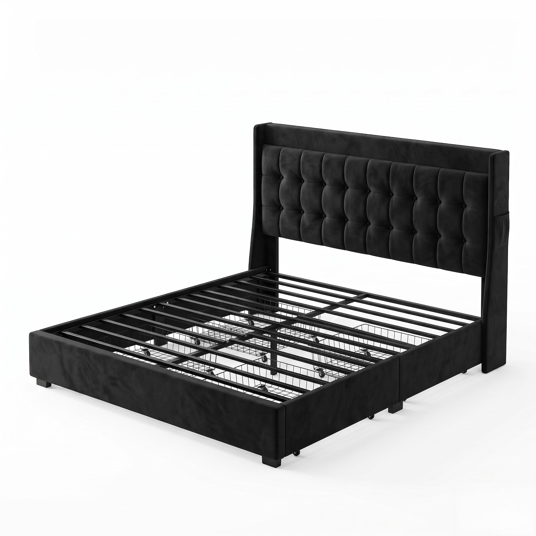 MMK FURNISHINGS Upholstered Velvet Platform Bed Frame with Tufted Headboard & Storage Drawers, Black