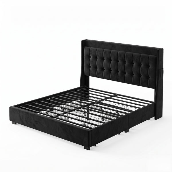 MMK FURNISHINGS Upholstered Velvet Platform Bed Frame with Tufted Headboard & Storage Drawers, Black