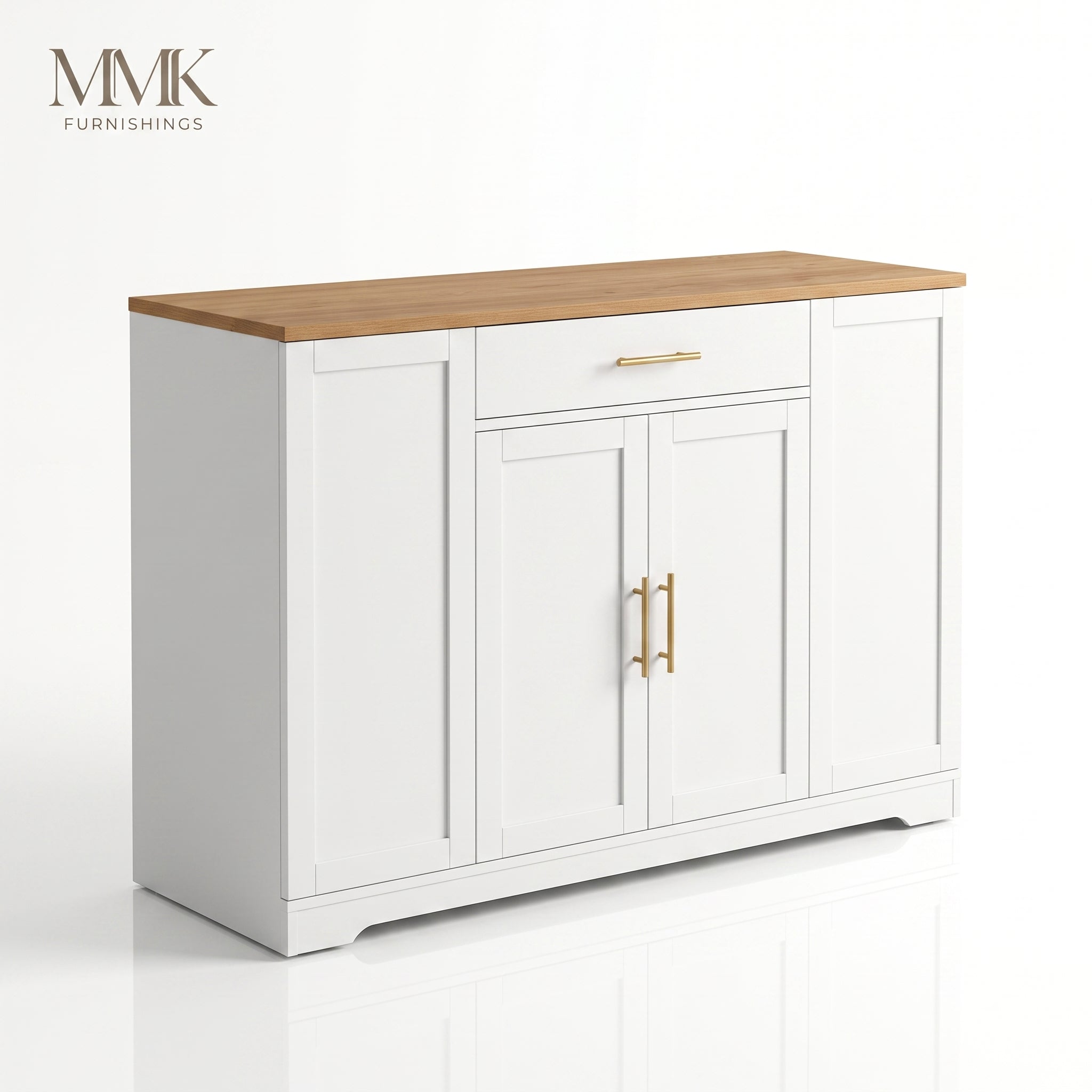 MMK Furnishings Modern Farmhouse White Sideboard Buffet Cabinet with Wood Grain Top & Gold Handles Main image