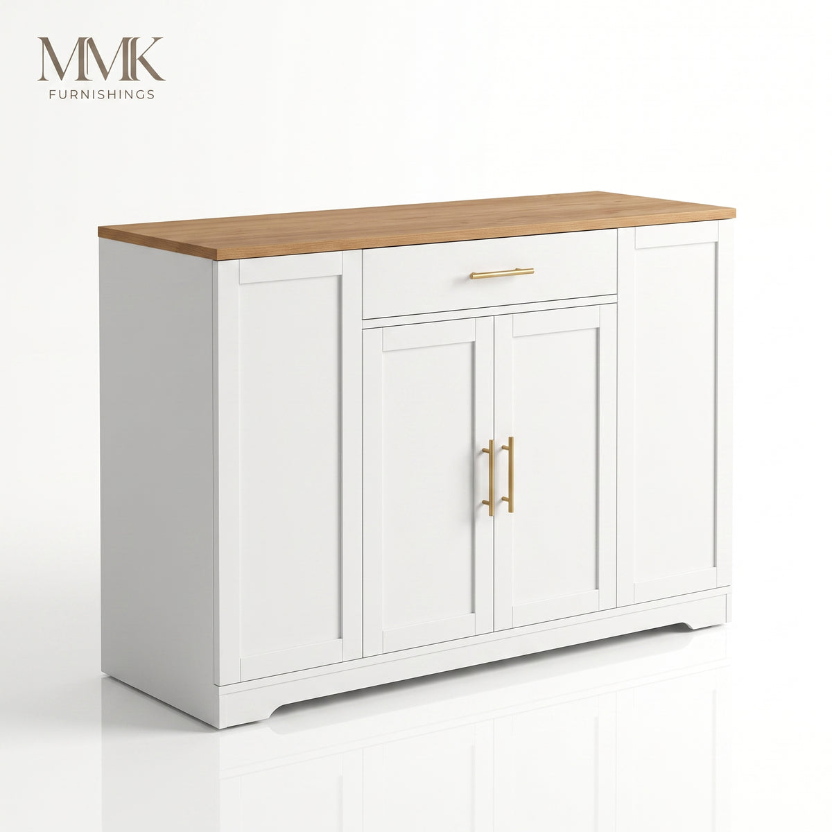MMK Furnishings Modern Farmhouse White Sideboard Buffet Cabinet with Wood Grain Top & Gold Handles
