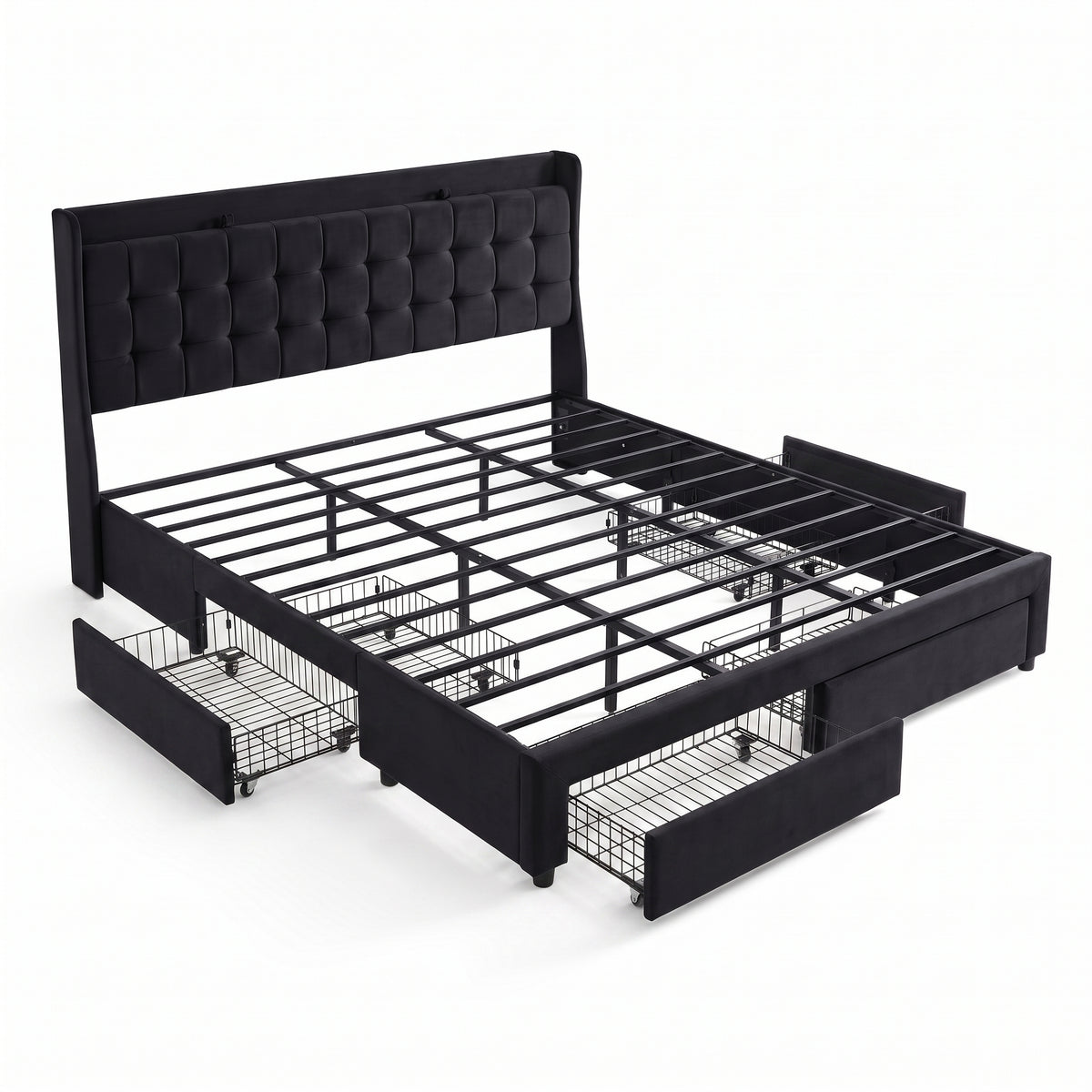 Premium Black Velvet Upholstered Platform Bed Frame with 4 Storage Drawers & Tufted Headboard Main image