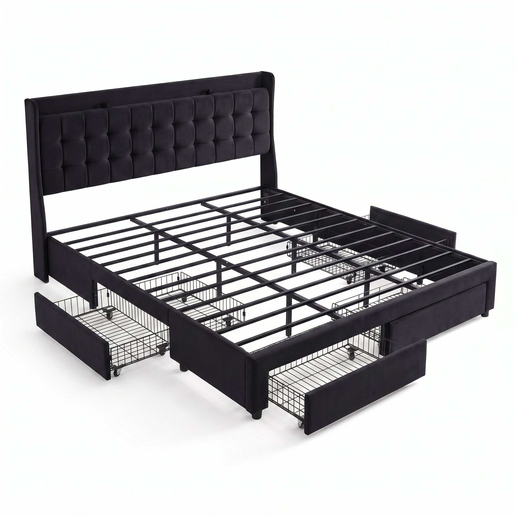 Premium Black Velvet Upholstered Platform Bed Frame with 4 Storage Drawers & Tufted Headboard