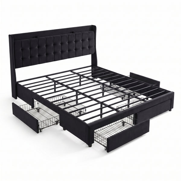 Premium Black Velvet Upholstered Platform Bed Frame with 4 Storage Drawers & Tufted Headboard