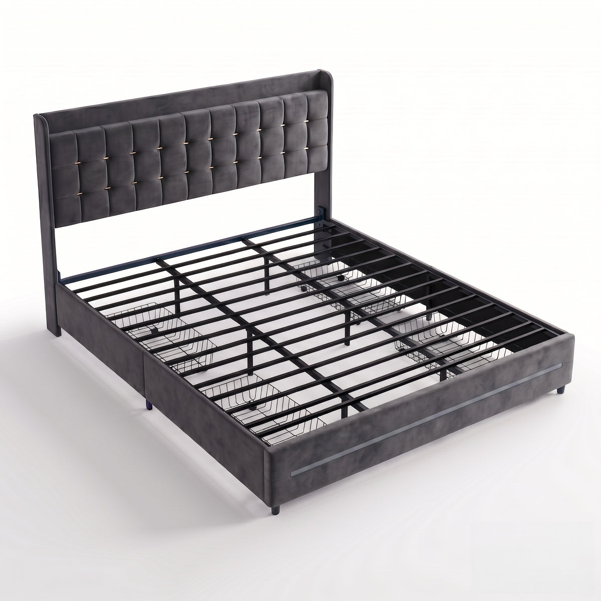 MMK FURNISHINGS Modern Velvet Upholstered Platform Bed Frame with Storage Baskets, Button Tufted Headboard (No Box Spring Needed)