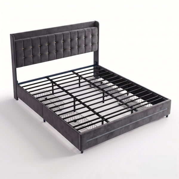 MMK FURNISHINGS Modern Velvet Upholstered Platform Bed Frame with Storage Baskets, Button Tufted Headboard (No Box Spring Needed)