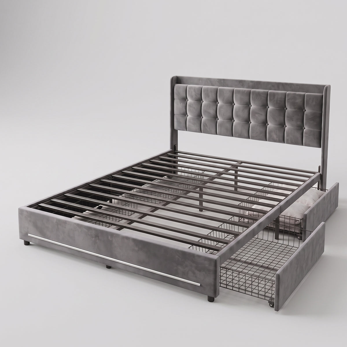 MMK Furnishings Grey Velvet Upholstered Bed Frame with Storage Drawers & Tufted Headboard – [Queen/Full/King] Size, Slat Support Main image