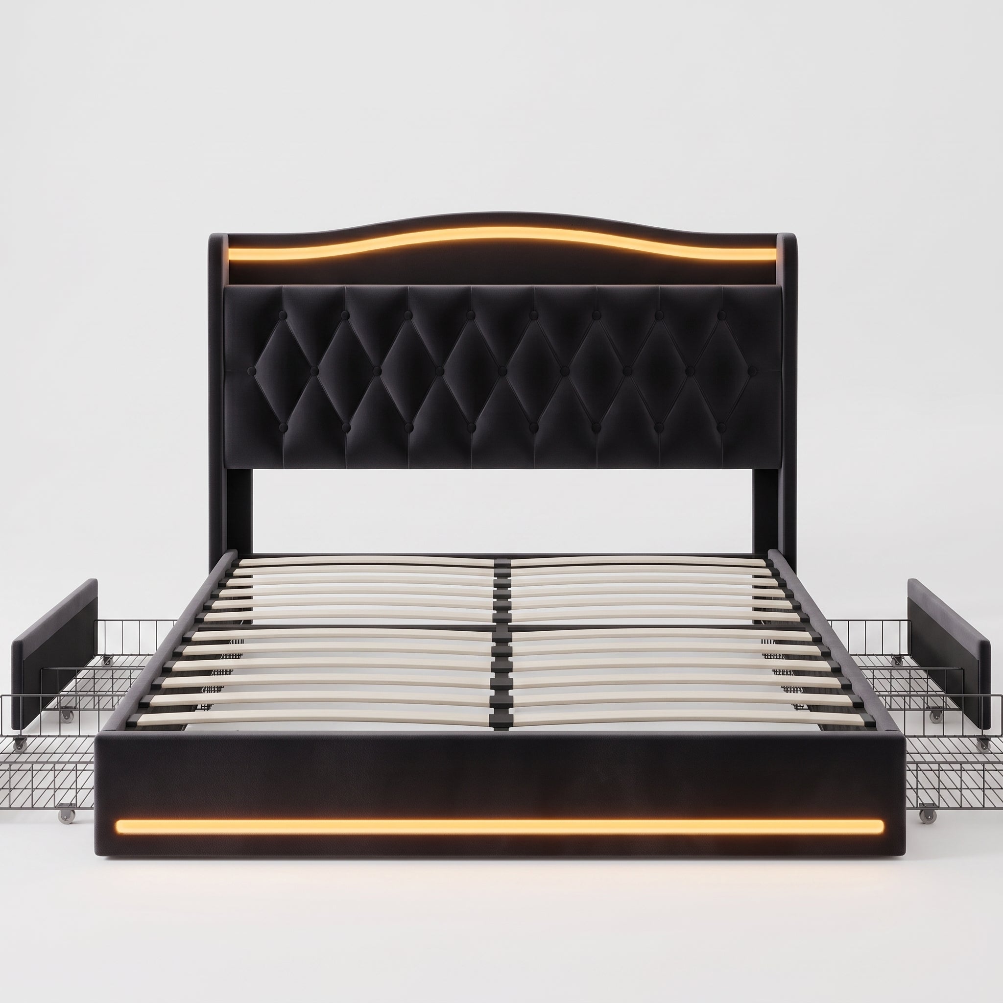 Luxurious Velvet Upholstered Platform Bed Frame with LED Lighting, Tufted Headboard, and Storage Drawers Main image