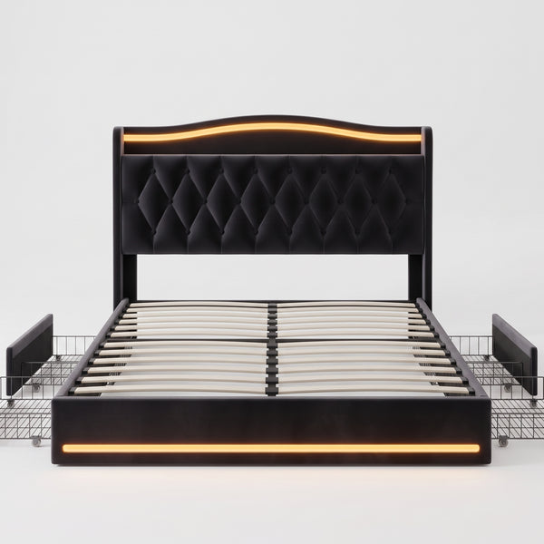 Luxurious Velvet Upholstered Platform Bed Frame with LED Lighting, Tufted Headboard, and Storage Drawers