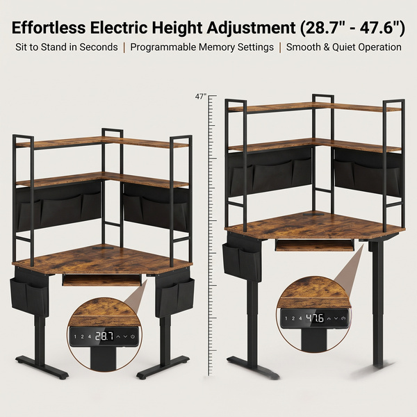 L-Shaped Electric Sit-Stand Corner Desk with Integrated Shelves & Fabric Storage Pockets