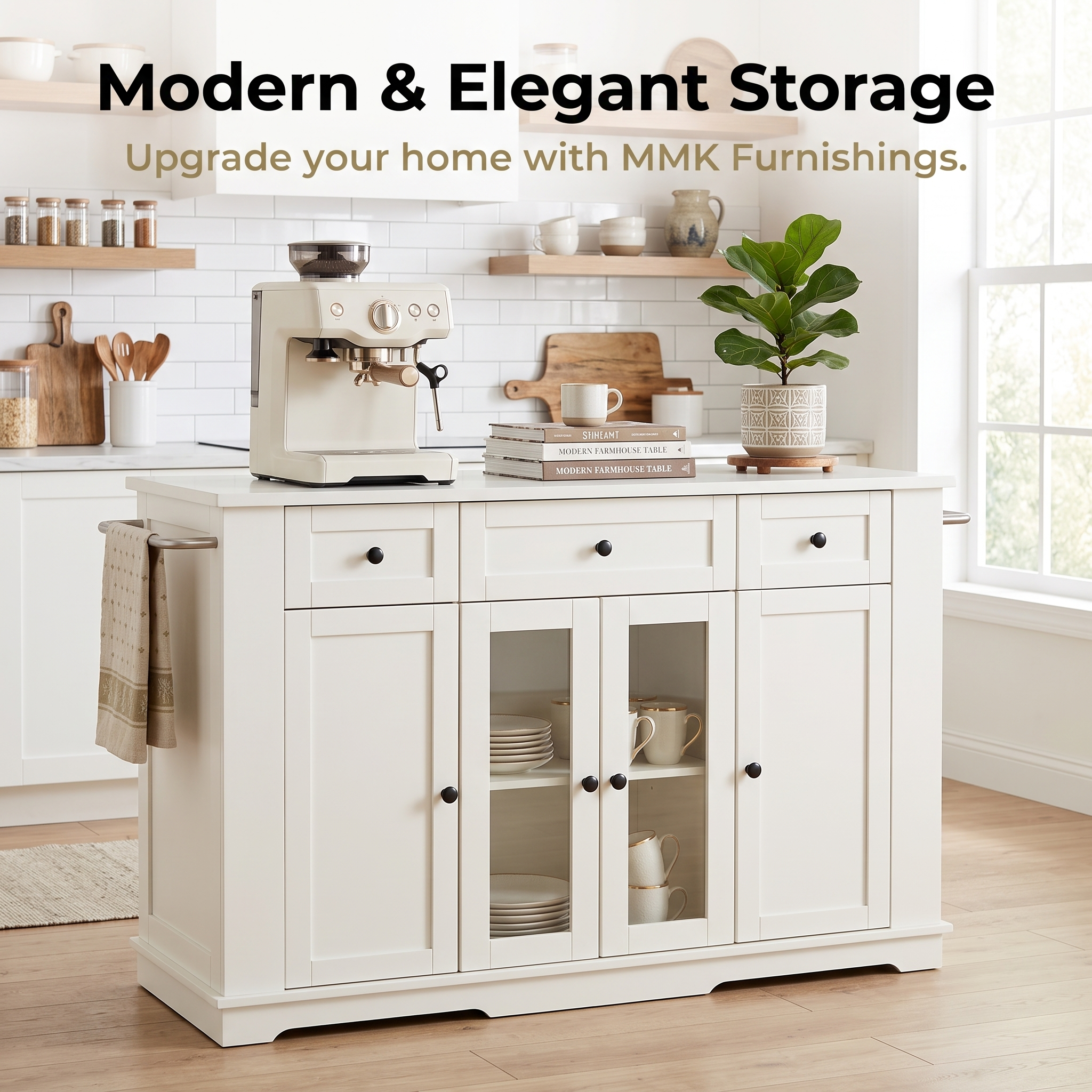 Premium Large White Kitchen Island & Buffet Sideboard with Glass Display Doors