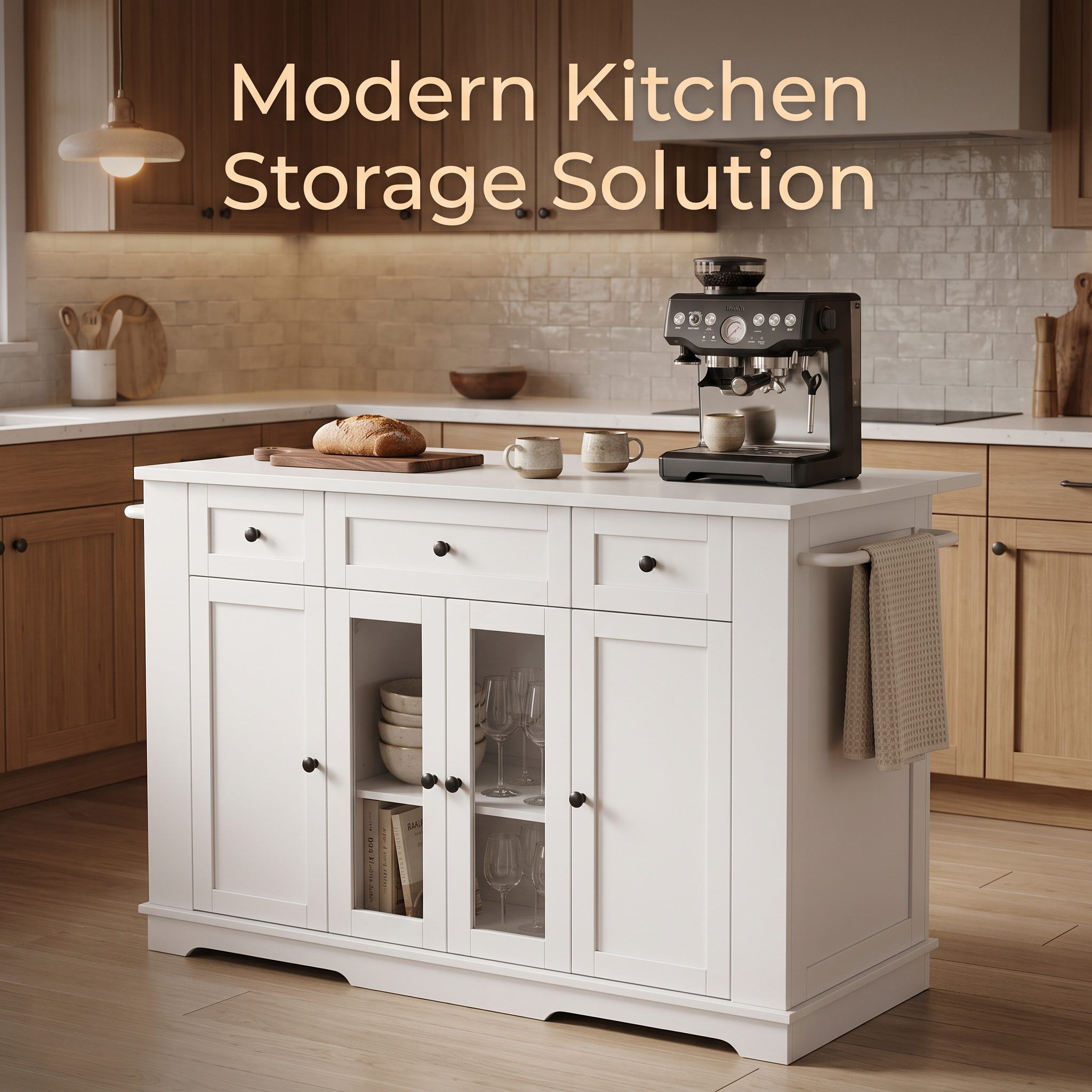 Premium Modern White Kitchen Island & Storage Sideboard with Glass Display Doors Secondary image