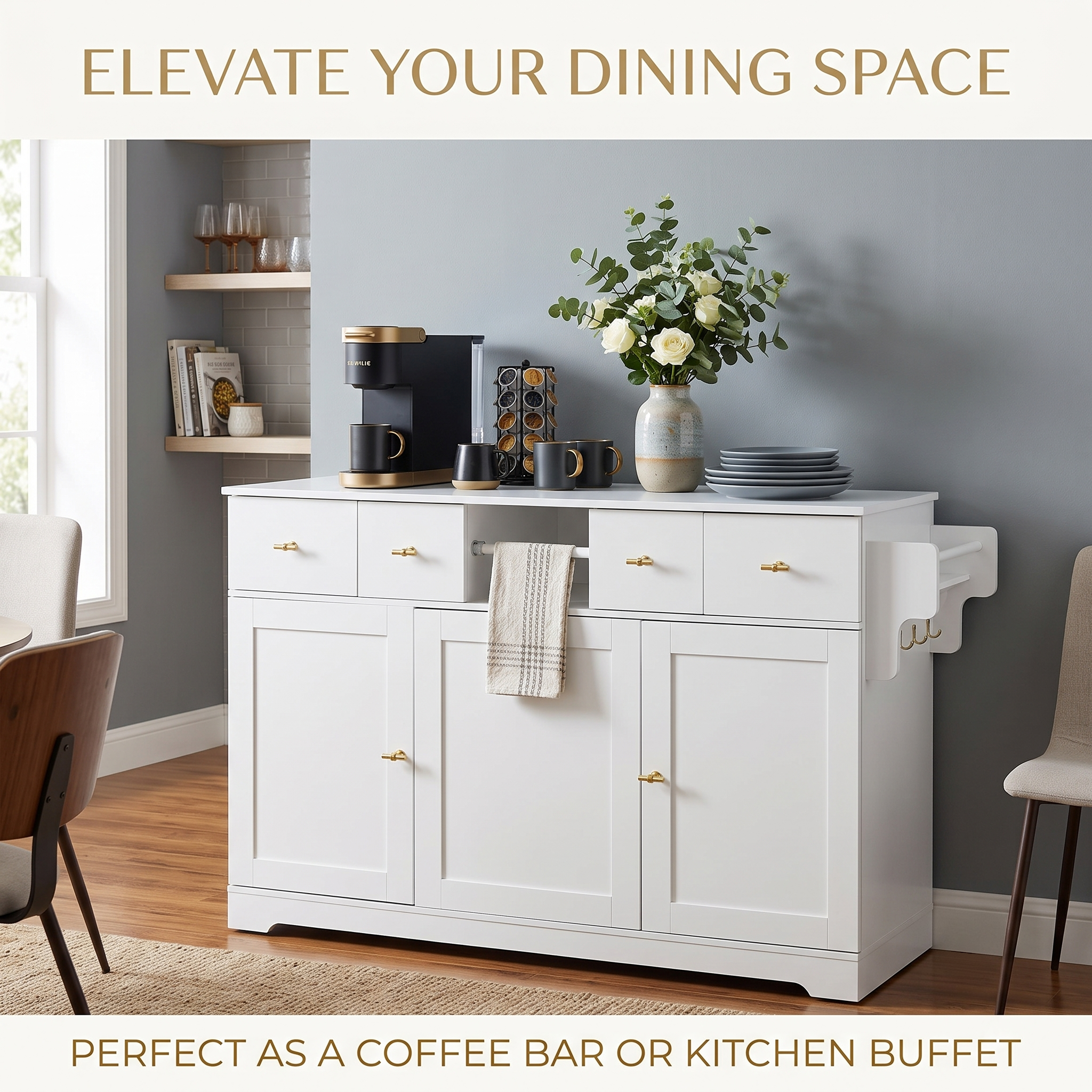 Premium Modern White Storage Cabinet & Kitchen Buffet Sideboard with Gold Hardware