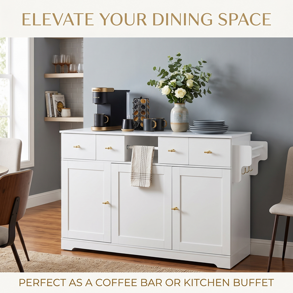 Premium Modern White Storage Cabinet & Kitchen Buffet Sideboard with Gold Hardware