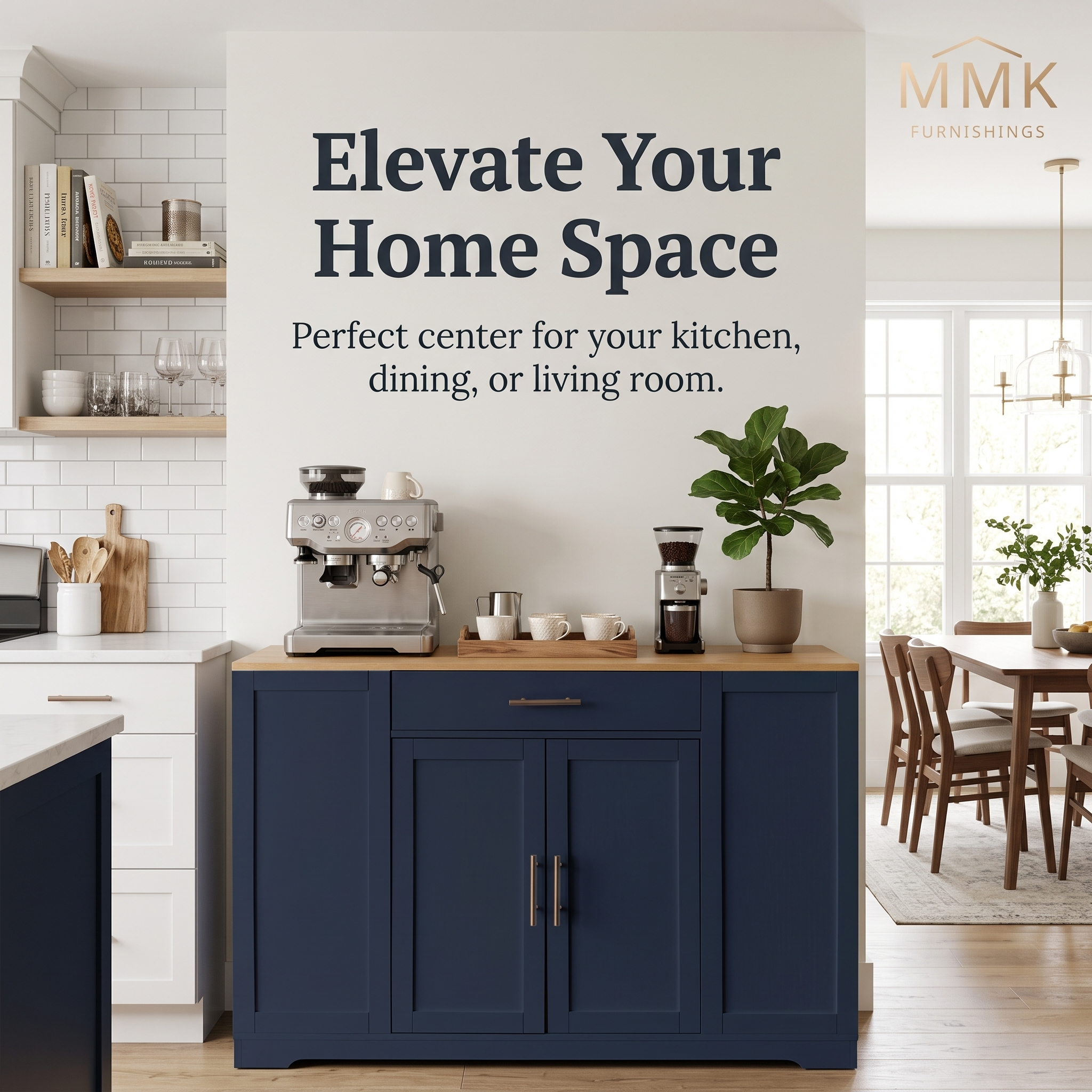 Premium Compact Modern Navy Blue Storage Cabinet & Kitchen Buffet with Gold Hardware