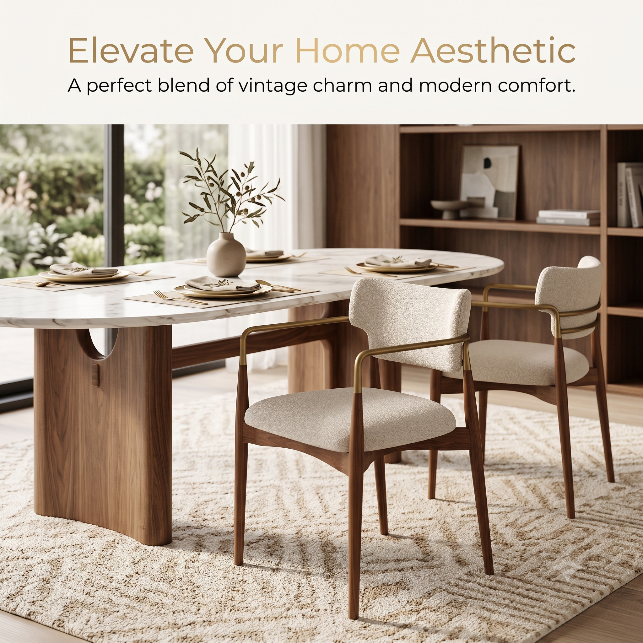 Premium Mid-Century Modern Dining Chair with Solid Ash Wood & Brass-Tone Metal