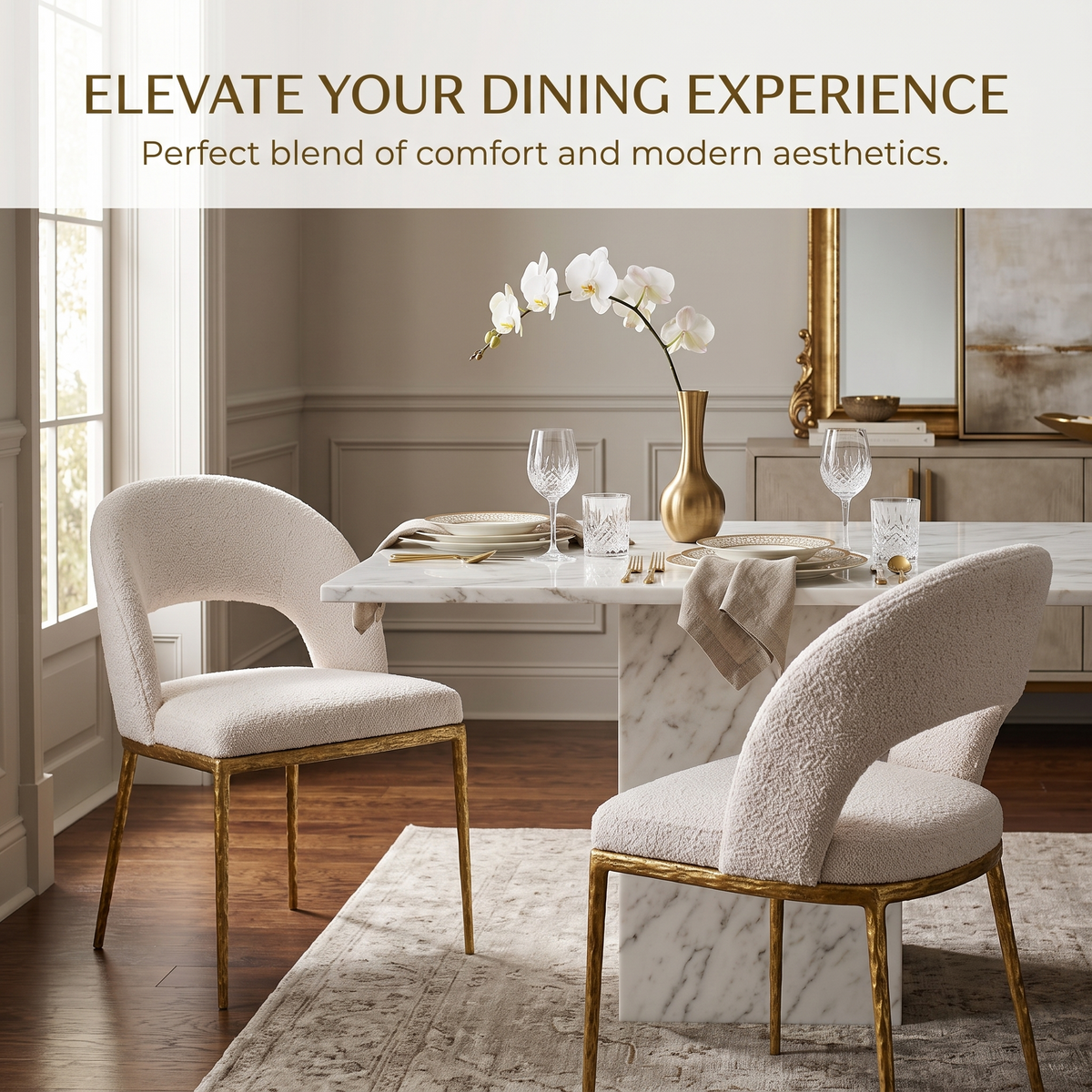 Premium Modern Upholstered Dining Chairs with Curved Cutout Back & Forged Gold Legs (Set of 2)