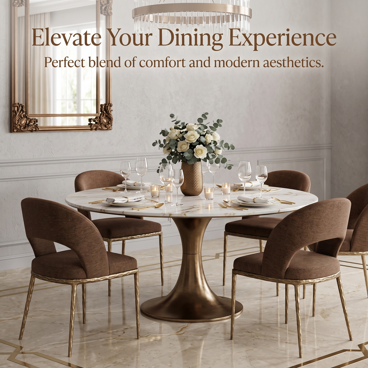 Premium Modern Upholstered Dining Chairs with Curved Cutout Back & Textured Gold Steel Legs (Set of 2)