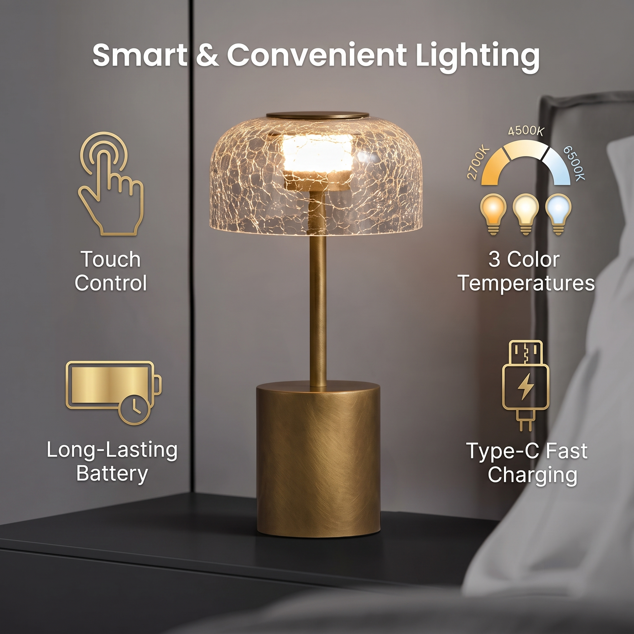 Modern Iron & Crackle Glass Desk Lamp in Brushed Brass Secondary image