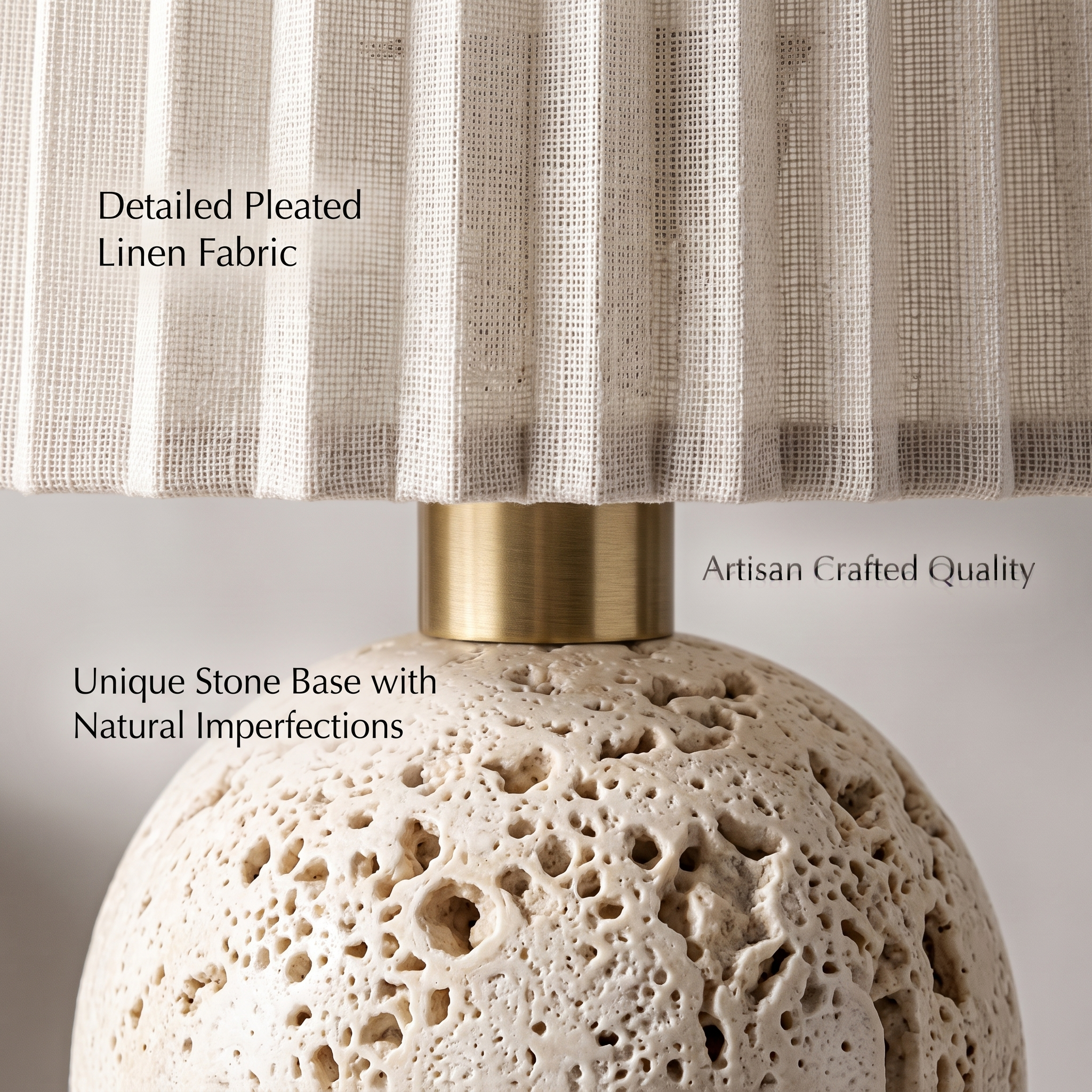 Modern Japandi Travertine Stone Desk Lamp with Pleated Fabric Shade Secondary image
