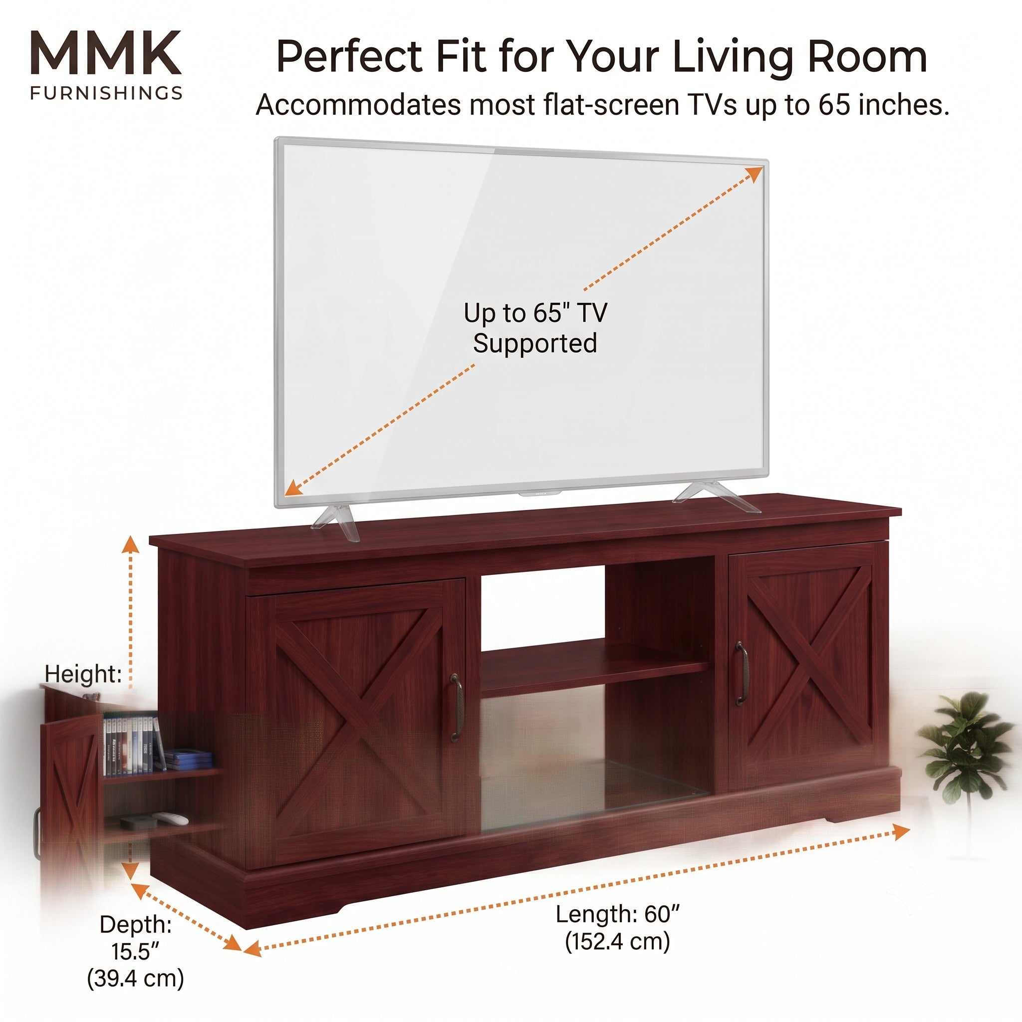 MMK FURNISHINGS Rustic Farmhouse TV Stand with Barn Door Cabinets Secondary image