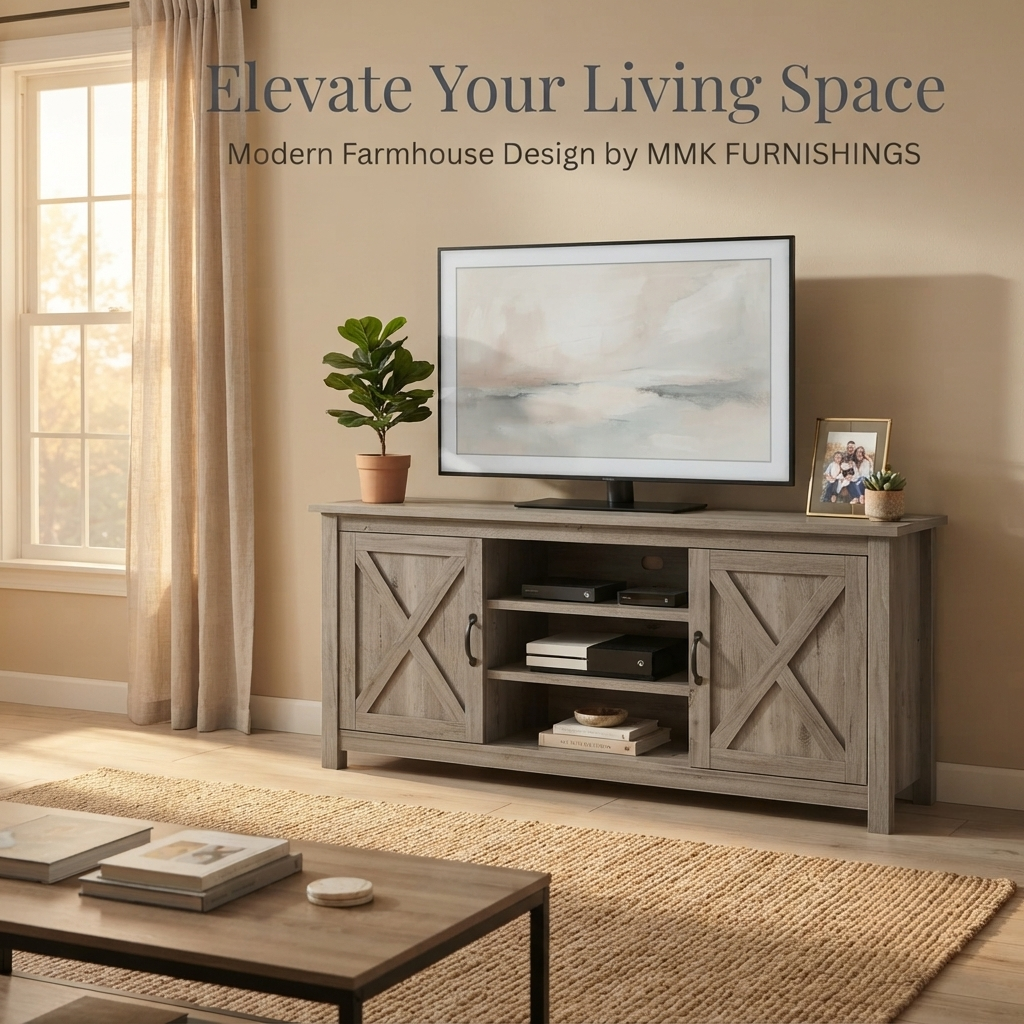 MMK FURNISHINGS Modern Farmhouse TV Stand with X-Frame Cabinet Doors, Weathered Grey Wood Entertainment Center