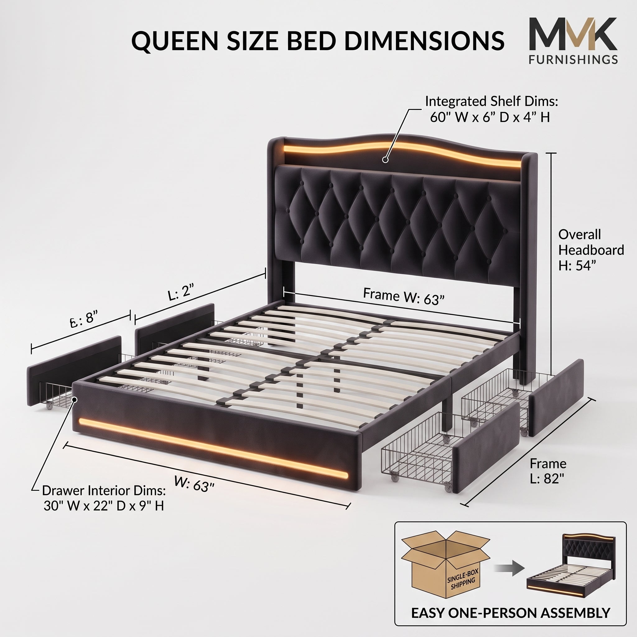 Luxurious Black Velvet Upholstered Bed Frame with LED Ambient Lighting, Headboard Shelf & Storage Drawers