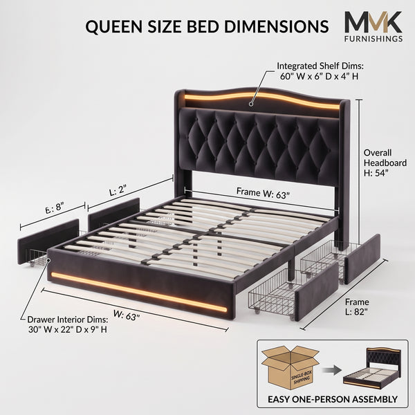 Luxurious Black Velvet Upholstered Bed Frame with LED Ambient Lighting, Headboard Shelf & Storage Drawers