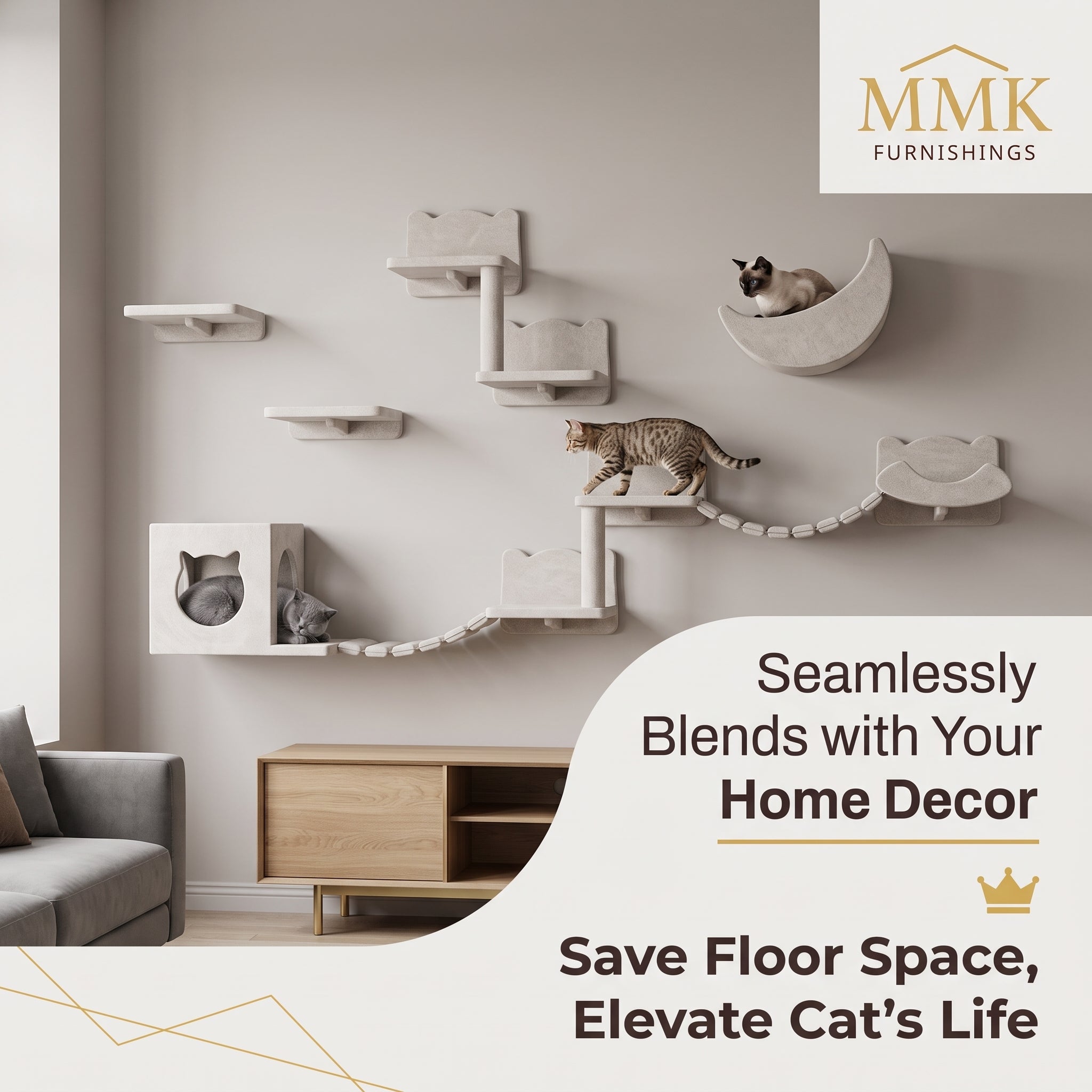 Premium Wall-Mounted Cat Climbing Frame & Crescent Lounger Set Secondary image