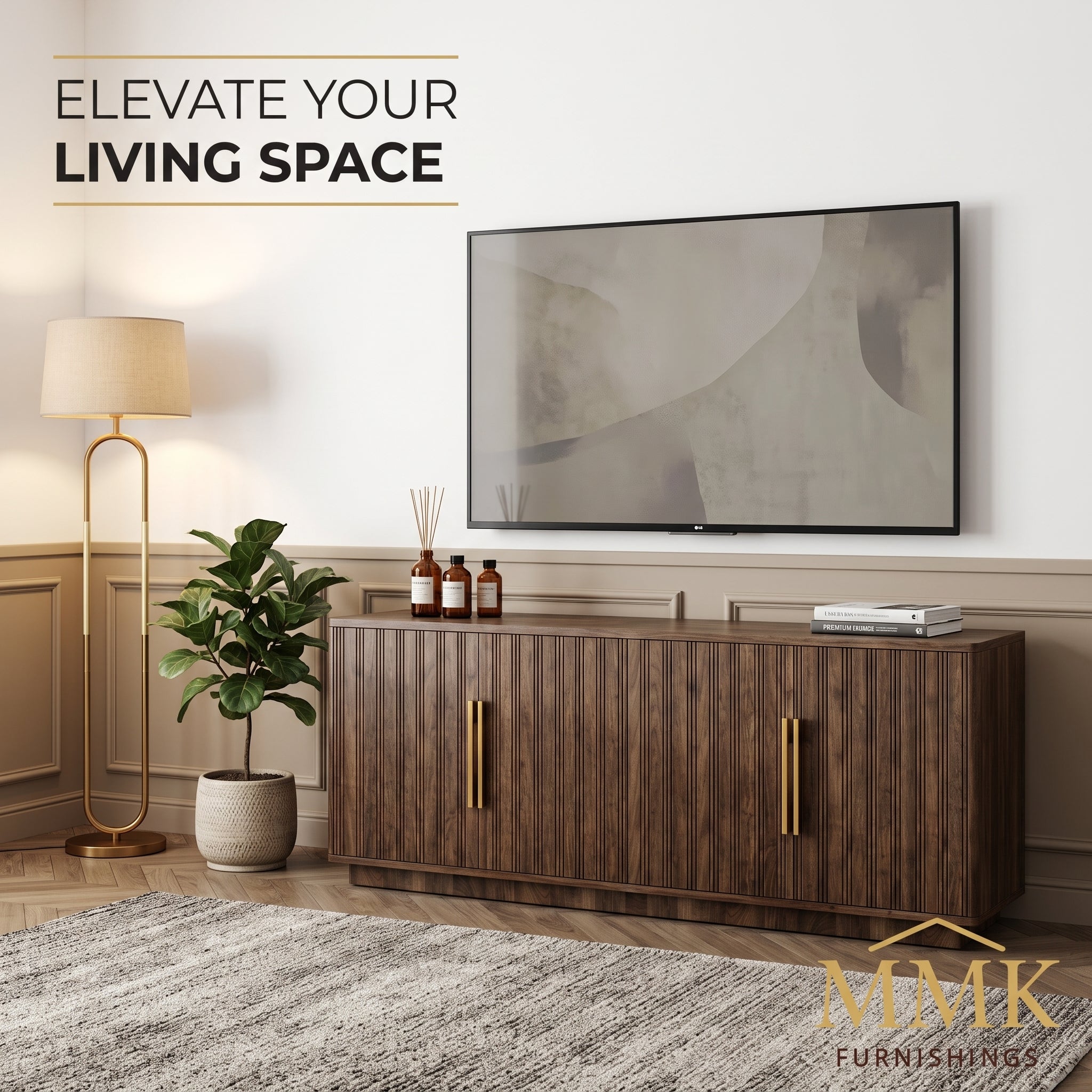 Premium Modern Fluted Walnut TV Stand & Media Console with Gold Hardware Secondary image