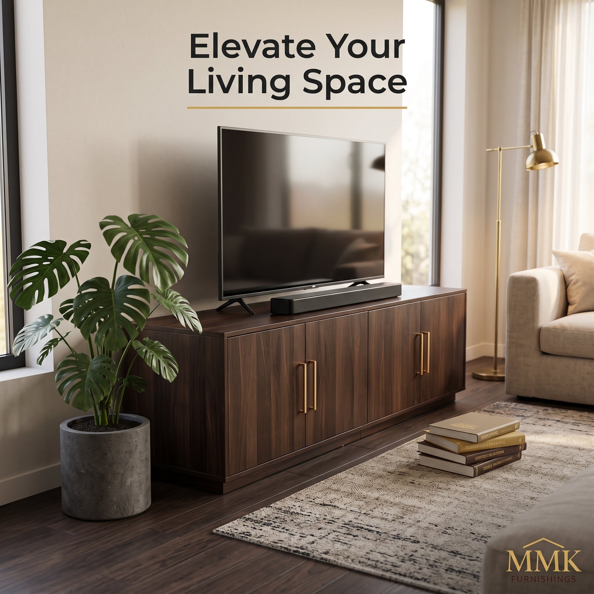 Premium Modern Dark Walnut TV Stand & Media Console with Gold Hardware