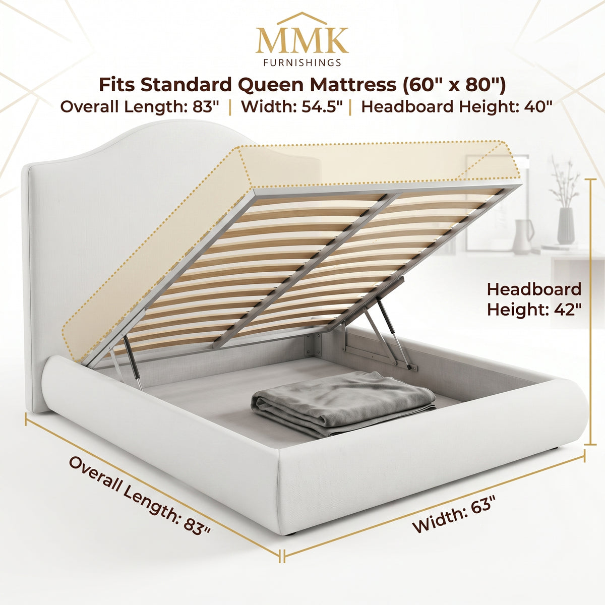 Premium Queen Completely Upholstered Lift-Up Storage Bed with Curved Headboard