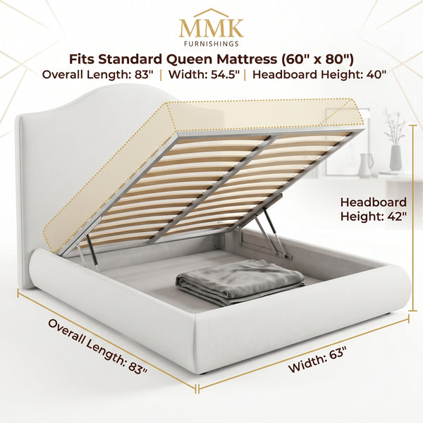 Premium Queen Completely Upholstered Lift-Up Storage Bed with Curved Headboard