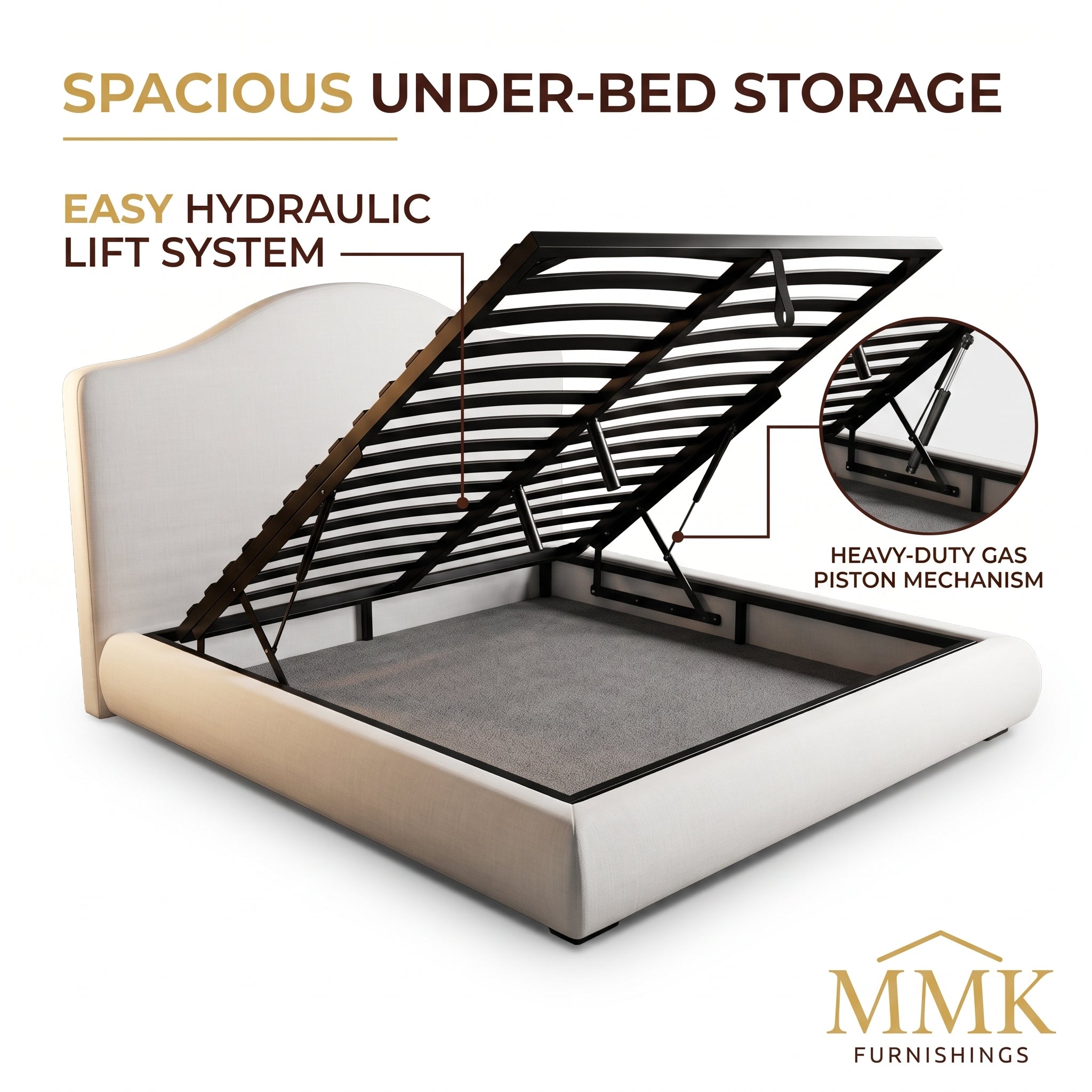 Premium King Completely Upholstered Lift-Up Storage Bed with Curved Headboard Secondary image