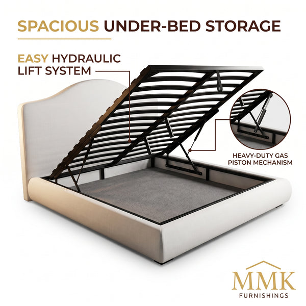 Premium King Completely Upholstered Lift-Up Storage Bed with Curved Headboard
