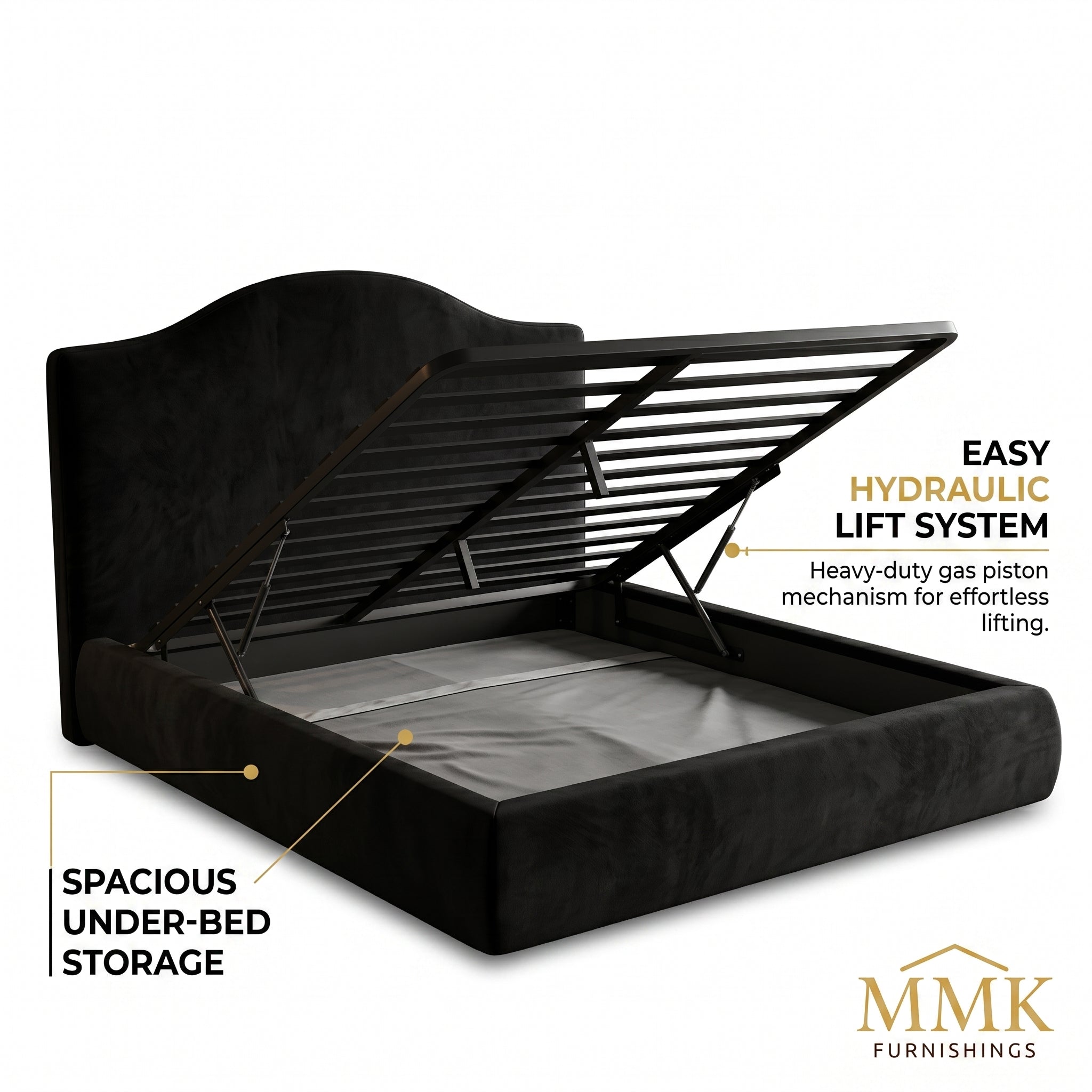 Premium Queen Completely Upholstered Lift-Up Storage Bed with Curved Headboard - Black Secondary image