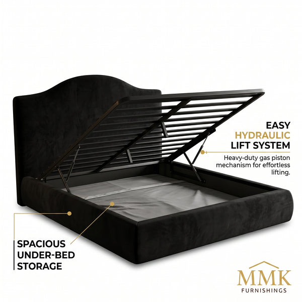 Premium Queen Completely Upholstered Lift-Up Storage Bed with Curved Headboard - Black