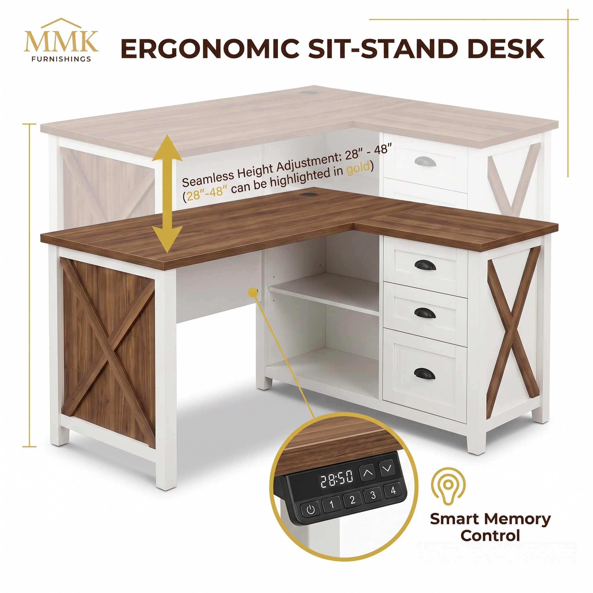 Premium 55" Two-Tone Farmhouse L-Shaped Home Office Desk with Lift Mechanism & Storage Secondary image