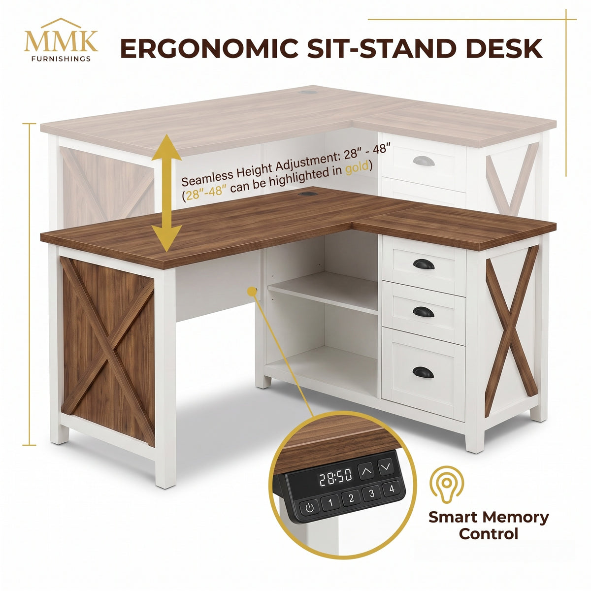 Premium 55" Two-Tone Farmhouse L-Shaped Home Office Desk with Lift Mechanism & Storage