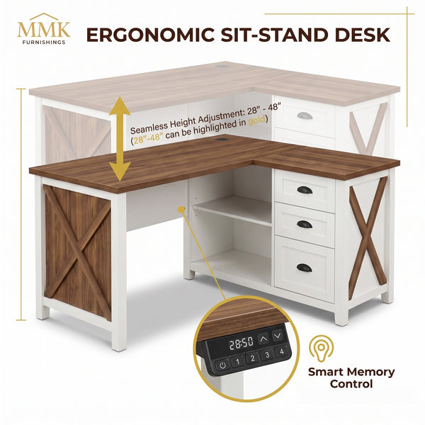 Premium 55" Two-Tone Farmhouse L-Shaped Home Office Desk with Lift Mechanism & Storage