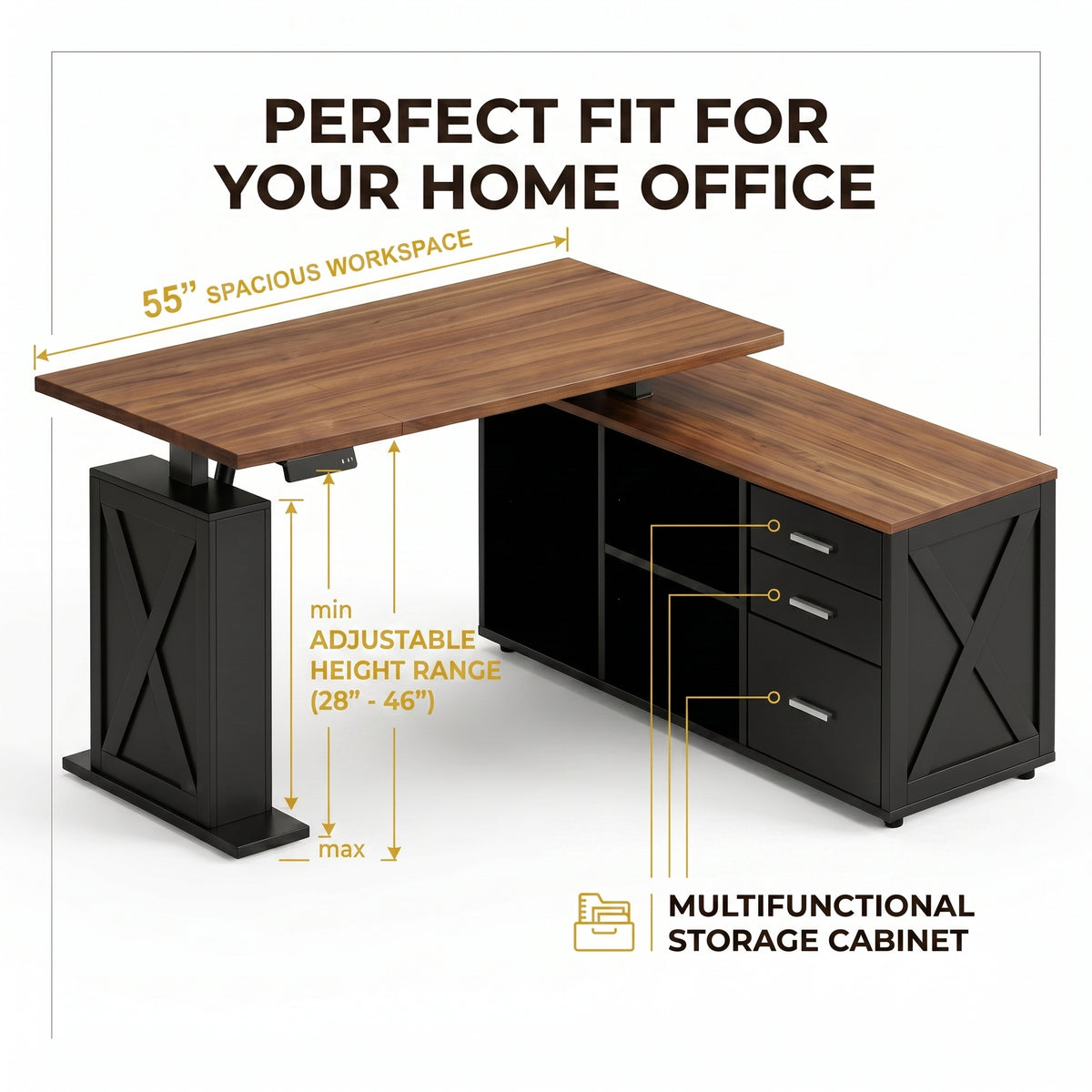 Premium 55" Two-Tone Farmhouse L-Shaped Standing Desk with Lift Mechanism & Storage