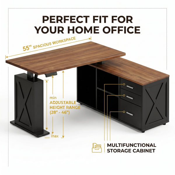 Premium 55" Two-Tone Farmhouse L-Shaped Standing Desk with Lift Mechanism & Storage